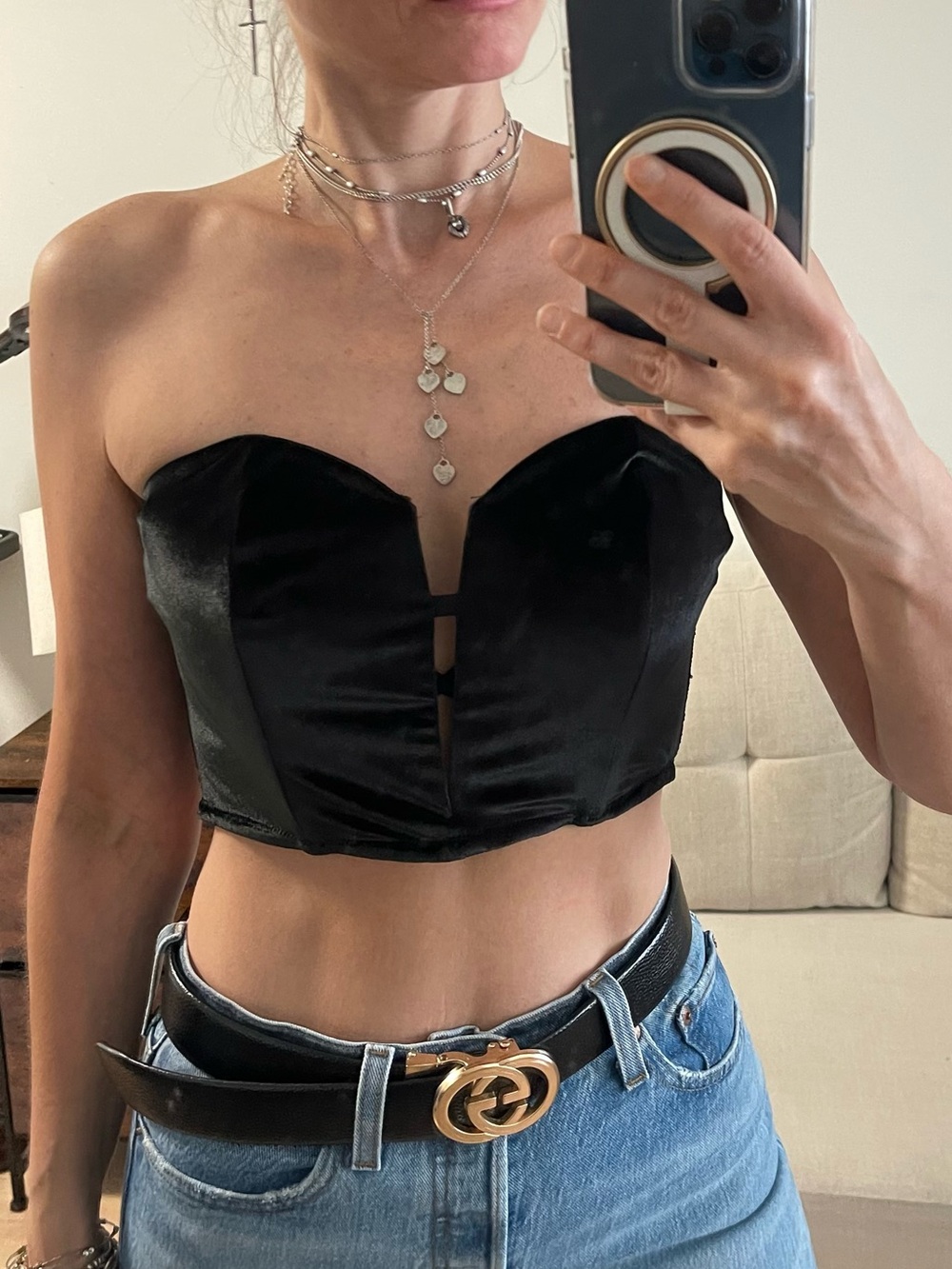 Victoria’s Secret Black Velvet Strapless Plunge Neck Bustier Top – Size Large